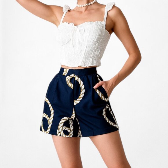 Zara Navy Blue High Waisted Nautical Print Pleated Detail Summer Shorts Size XS - Picture 1 of 6